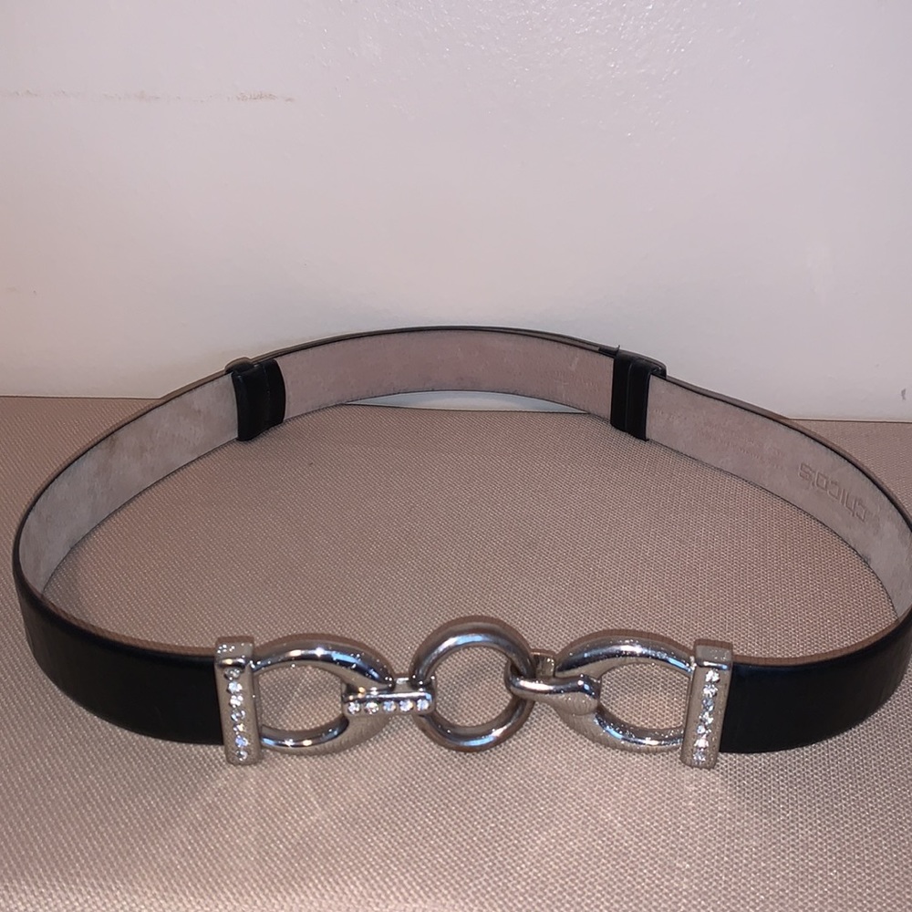 Chico’s M/L Adjustable Black Leather Belt w/Silver Tone Hardware & Bling 🥳HP🥳